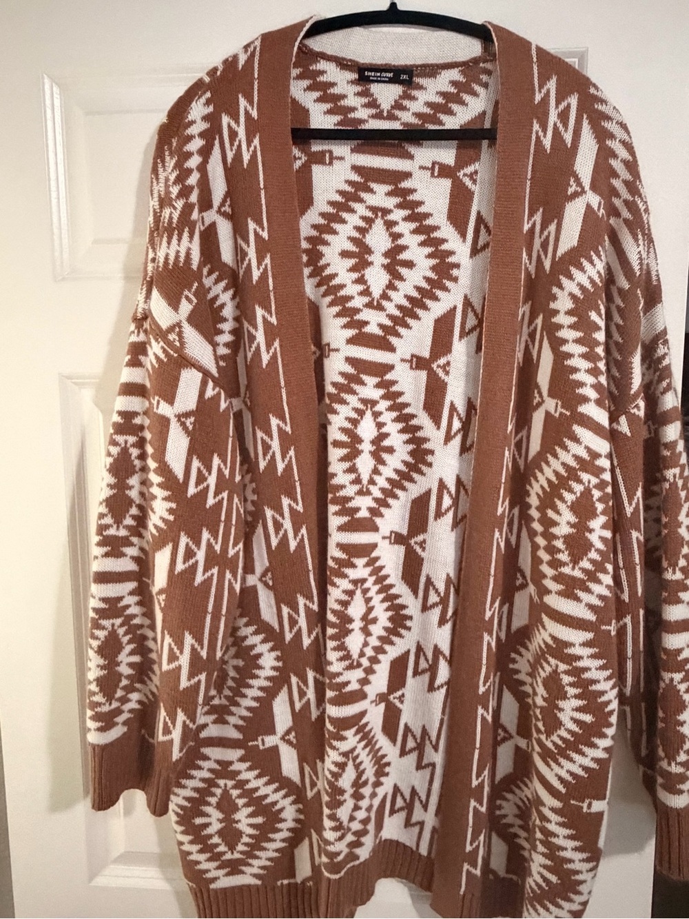 SHEIN Brown & White Aztec Open-Front Cardigan